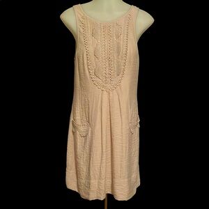 Linen Look Sleeveless A-line Dress with Lace Embellished Front and Pockets